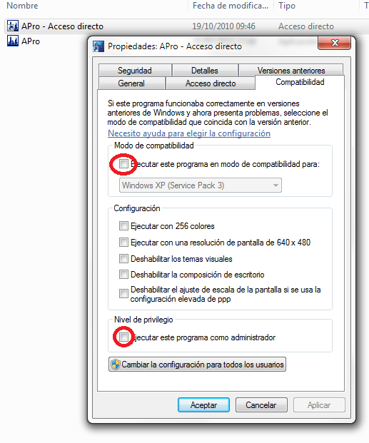 Acceso directo con compatibilidad XP